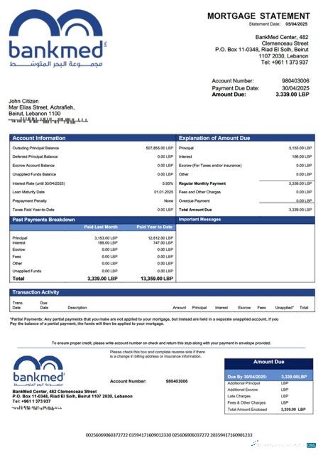 Download Lebanon BankMed mortgage statement Word and PDF template Photoshop template
